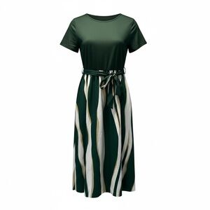 SHEIN Green and White Striped Dress with Belt